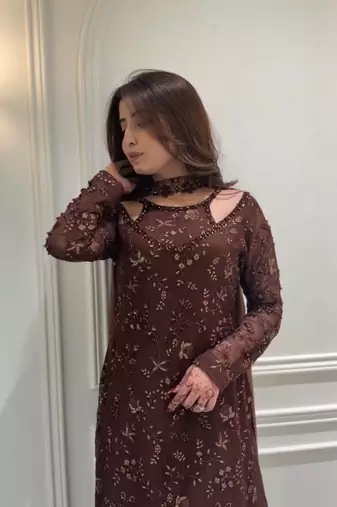 Coffee embroidery work with sequins faux georgette kurti with dupatta and palazzo