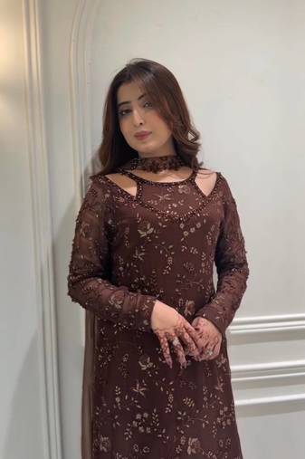 Coffee embroidery work with sequins faux georgette kurti with dupatta and palazzo