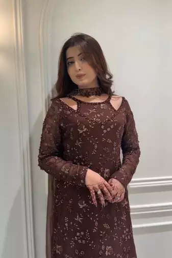 Coffee embroidery work with sequins faux georgette kurti with dupatta and palazzo