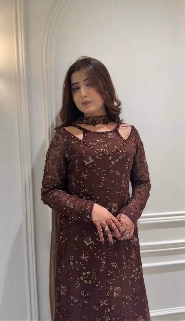 Coffee embroidery work with sequins faux georgette kurti with dupatta and palazzo