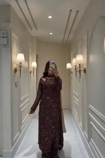 Coffee embroidery work with sequins faux georgette kurti with dupatta and palazzo