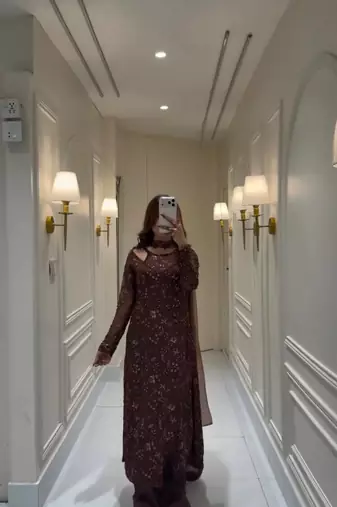 Coffee embroidery work with sequins faux georgette kurti with dupatta and palazzo