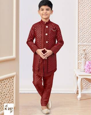 Maroon jacket attached indo-western  set with computer stone work, lace & fancy buttons 1