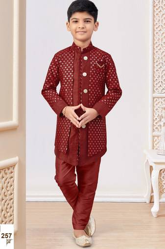 Maroon jacket attached indo-western  set with computer stone work, lace & fancy buttons