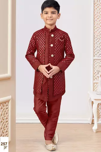 Maroon jacket attached indo-western  set with computer stone work, lace & fancy buttons