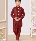Maroon jacket attached indo-western  set with computer stone work, lace & fancy buttons
