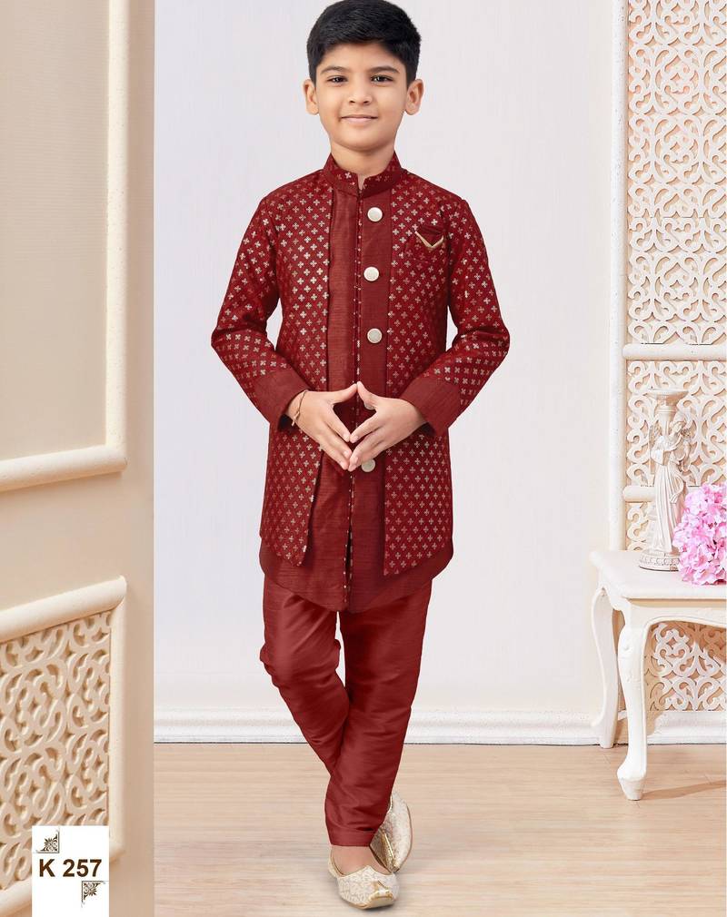 Maroon jacket attached indo-western  set with computer stone work, lace & fancy buttons