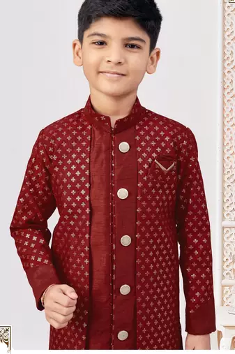 Maroon jacket attached indo-western  set with computer stone work, lace & fancy buttons