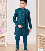 Green jacket attached indo-western  set with computer stone work, lace & fancy buttons