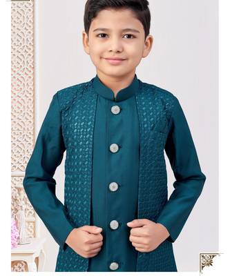 Green jacket attached indo-western  set with computer stone work, lace & fancy buttons 2
