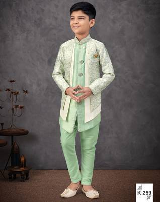 Pista green & cream jacket attached indo-western  set with computer stone work, lace & fancy buttons 1