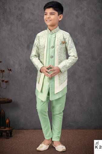 Pista green & cream jacket attached indo-western  set with computer stone work, lace & fancy buttons