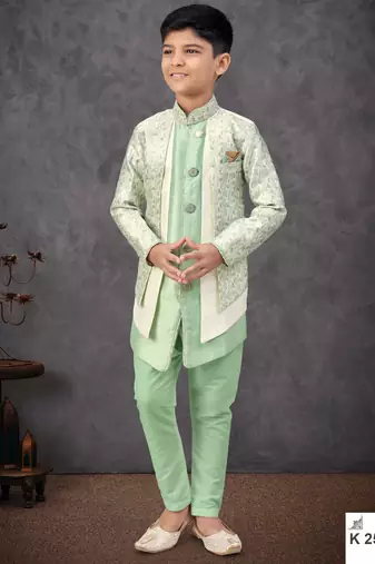 Pista green & cream jacket attached indo-western  set with computer stone work, lace & fancy buttons
