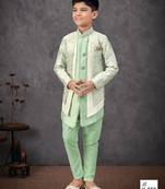 Pista green & cream jacket attached indo-western  set with computer stone work, lace & fancy buttons