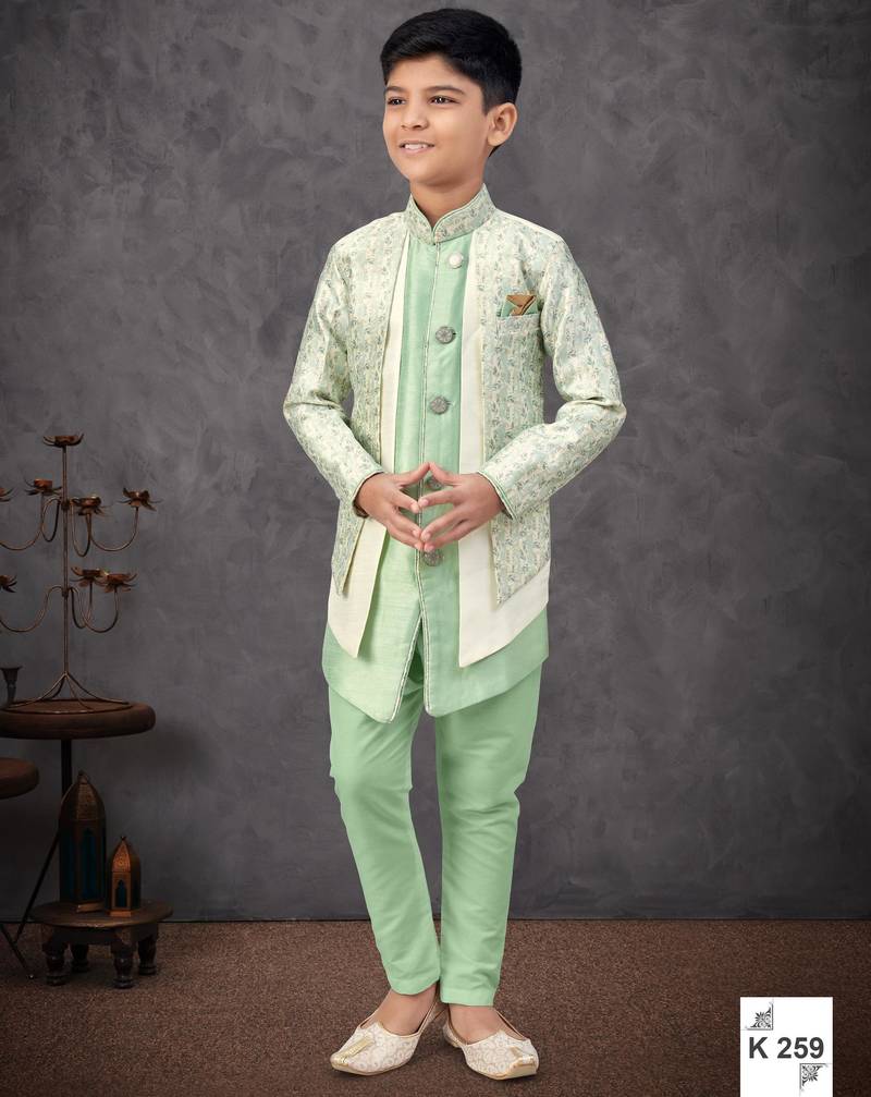 Pista green & cream jacket attached indo-western  set with computer stone work, lace & fancy buttons
