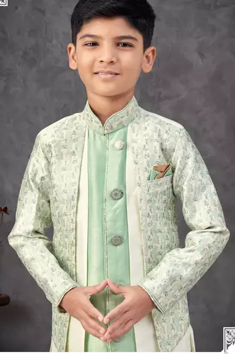 Pista green & cream jacket attached indo-western  set with computer stone work, lace & fancy buttons