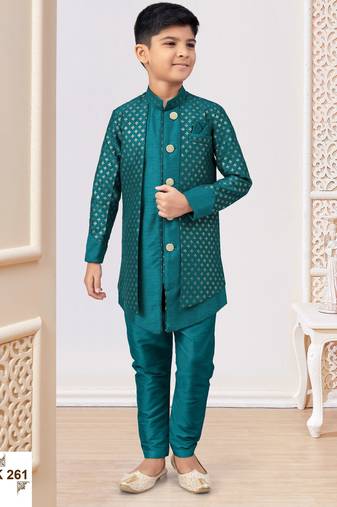 Sea green jacket attached indo-western  set with computer stone work, lace & fancy buttons