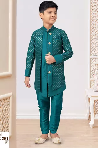 Sea green jacket attached indo-western  set with computer stone work, lace & fancy buttons