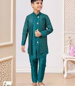 Sea green jacket attached indo-western  set with computer stone work, lace & fancy buttons