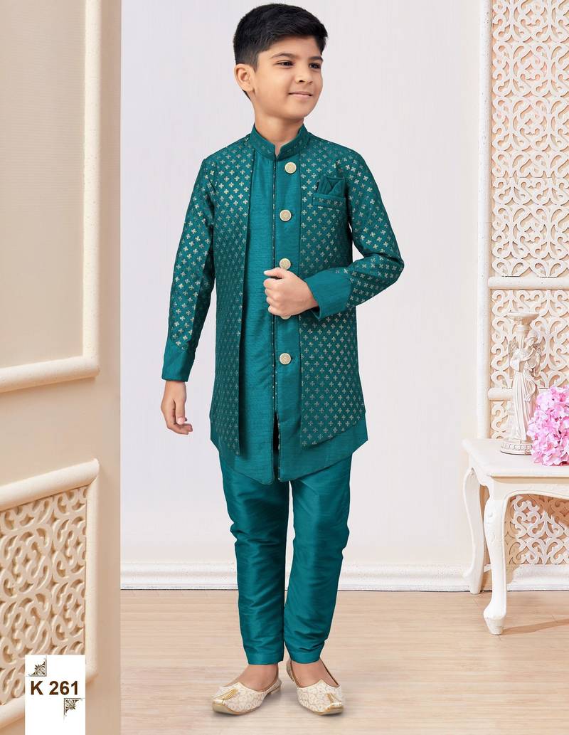 Sea green jacket attached indo-western  set with computer stone work, lace & fancy buttons