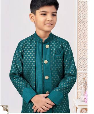 Sea green jacket attached indo-western  set with computer stone work, lace & fancy buttons 2