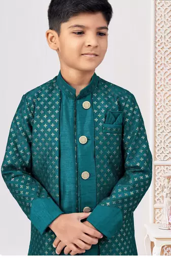 Sea green jacket attached indo-western  set with computer stone work, lace & fancy buttons