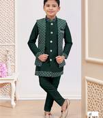 Bottle green jacket attached indo-western  set with computer stone work, lace & fancy buttons