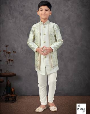 Cream jacket attached indo-western  set with computer stone work, lace & fancy buttons 1