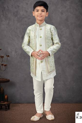 Cream jacket attached indo-western  set with computer stone work, lace & fancy buttons