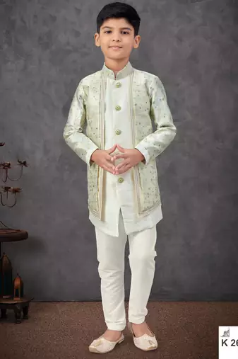 Cream jacket attached indo-western  set with computer stone work, lace & fancy buttons