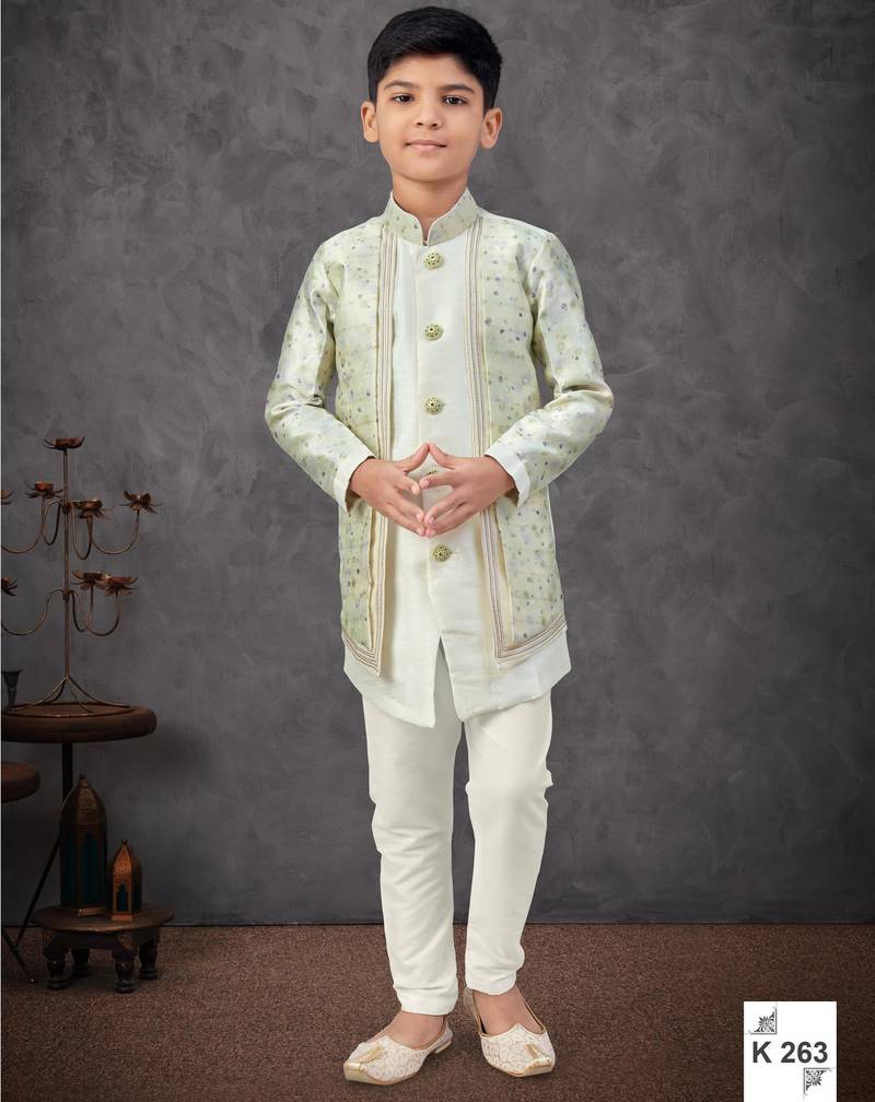 Cream jacket attached indo-western  set with computer stone work, lace & fancy buttons