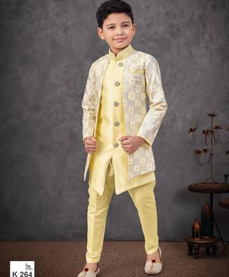 Lemon yellow jacket attached indo-western  set with computer stone work, lace & fancy buttons 1