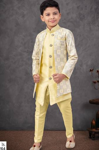 Lemon yellow jacket attached indo-western  set with computer stone work, lace & fancy buttons
