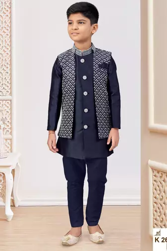 Navy blue jacket attached indo-western  set with computer stone work, lace & fancy buttons