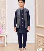 Navy blue jacket attached indo-western  set with computer stone work, lace & fancy buttons