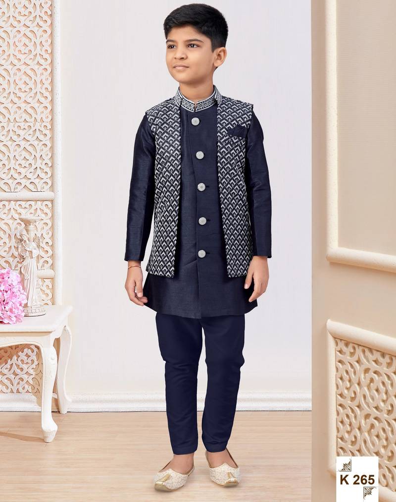 Navy blue jacket attached indo-western  set with computer stone work, lace & fancy buttons