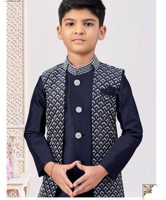 Navy blue jacket attached indo-western  set with computer stone work, lace & fancy buttons 2