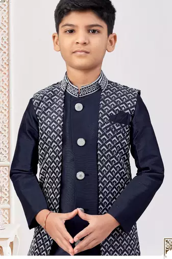 Navy blue jacket attached indo-western  set with computer stone work, lace & fancy buttons