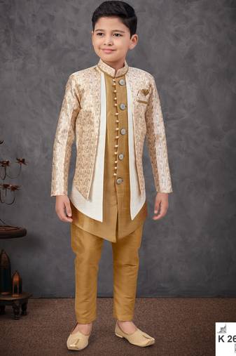 Beige & offwhite jacket attached indo-western  set with computer stone work, lace & fancy buttons