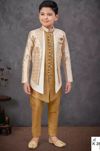 Beige & offwhite jacket attached indo-western  set with computer stone work, lace & fancy buttons