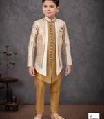 Beige & offwhite jacket attached indo-western  set with computer stone work, lace & fancy buttons