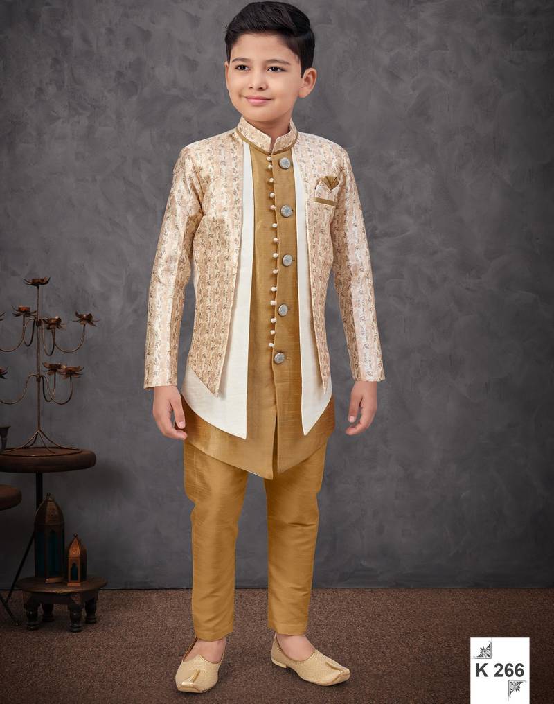 Beige & offwhite jacket attached indo-western  set with computer stone work, lace & fancy buttons