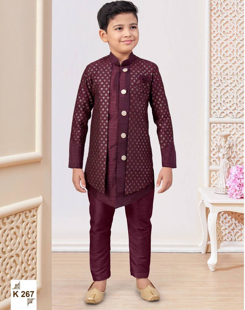 Wine jacket attached indo-western  set with computer stone work, lace & fancy buttons