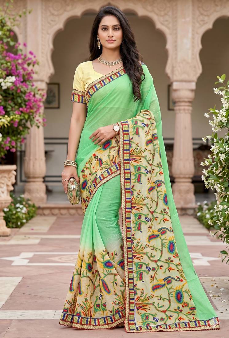 Women's designer chiffon embroidered festive wear saree with blouse