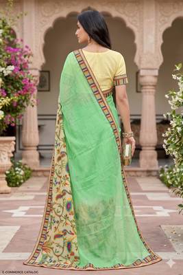 Women's designer chiffon embroidered festive wear saree with blouse 4