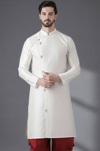 White dupion silk embroidered kurta