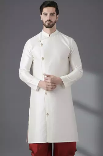 White dupion silk embroidered kurta