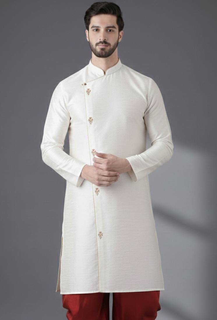 White dupion silk embroidered kurta
