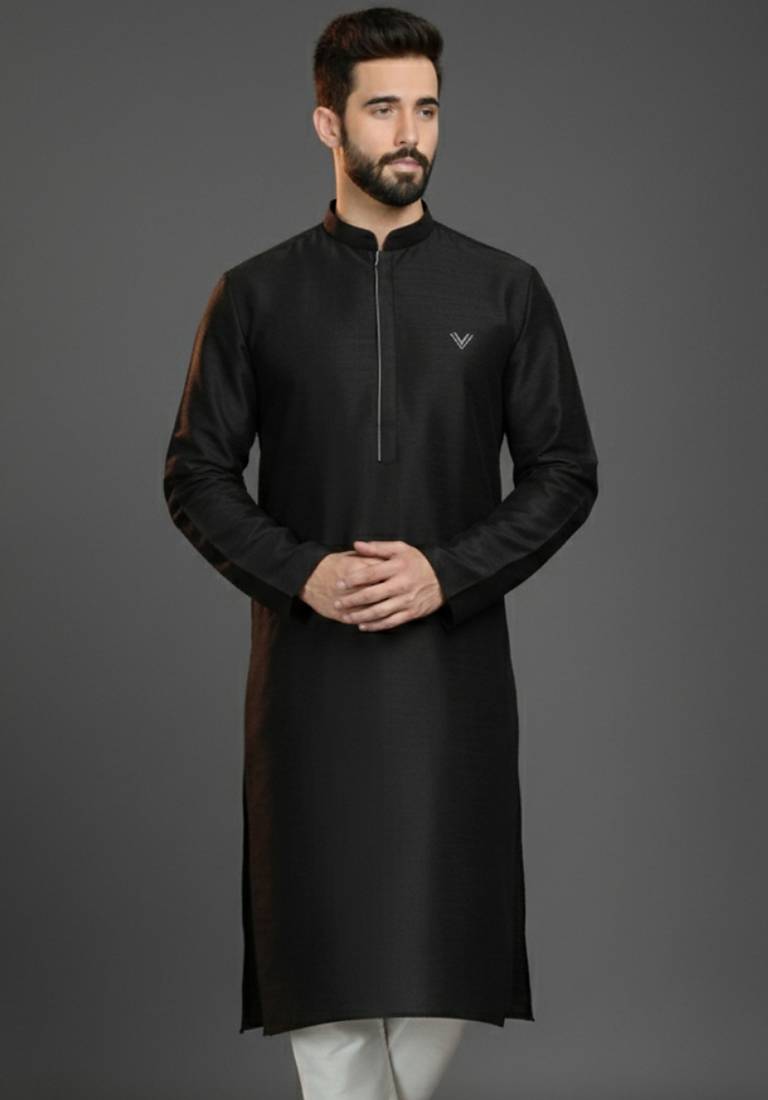 Black  dupion silk embroidered kurta