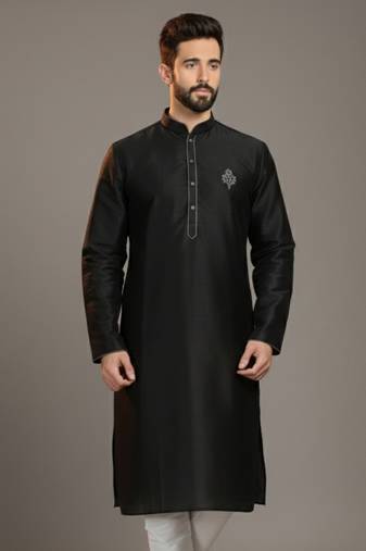 Black dupion silk embroidered kurta